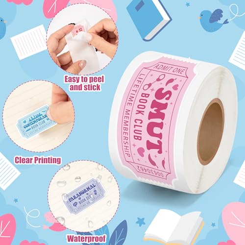 Image of Book Ticket Sticker Roll - 2 Rolls Waterproof Vinyl Ticket Design Self Adhesive Library Decals for Laptop Water Bottle Journal Scrapbook Reading Log Reward Chart Classroom Bulletin Board Gift