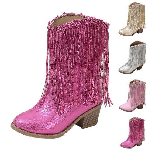 Cowboy Boots for Girls Fringe Western 𝗥hinestone Sparkly Chunky Heel Tassle Mid Calf Kids Pointed Boots for Girls Tall