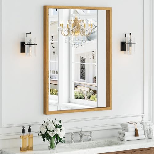 Syndra Natural Wood Frame Bathroom Mirror, 30x40'' Modern Vanity Mirror for Wall, Waterproof Slim Deep Frame, Rectangular HD Tempered Glass Mirror for Living Room, Bedroom, Entryway, Rustic, Farmhouse
