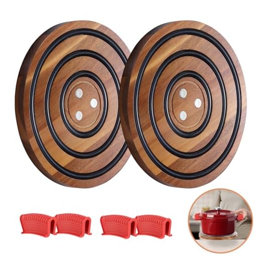 2 Pcs Magnetic Wooden Trivets, Acacia Wood with Black Silicone Rings, Magnetic Pot Holder for Le Creuset Enameled Cast Iron Dutch Oven & Cast Iron Skillets, Wood Trivet