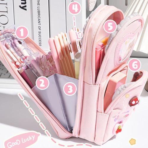 Image of Premium Canvas Pencil Case 3 Compartment Cute Pencil Poucha Aesthetic Pencil Box for Girls Large Capacity Pen Pencil Pouch Multifunctional Stationery Organizer for School Office (Pink)