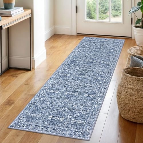 2x6 Blue Washable Runner Rug for Hallways, Soft Classic Kitchen Rugs with Non-Slip, Non-Shedding Distressed Floral Rug for Hallways Entryway Bedroom Bathroom Laundry