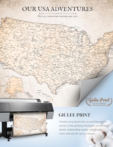 Image of IPIC - Vintage USA Canvas Wall Art, Large Travel Map Print for Home, Office, or Study, Push Pin Map Decor for Travel Lovers, Ready to Hang