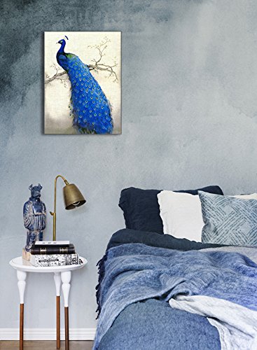 Peacock Wall Art Decor For Bedroom, Piy Hd Beautiful Oil Painting Canvas Prints Of Elegant Proud Peacock On Beige Pictures (1" Thick Frame, Waterproof Artwork, Bracket Mounted Ready To Hang) #TOP3