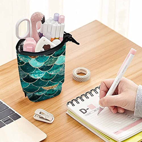 Image of Swono Mermaid Scale Pencil Holder Beautiful Fish Scale Teal Stand Up Pencil Case Organizer Pencil Pouch Makeup Bag Gift