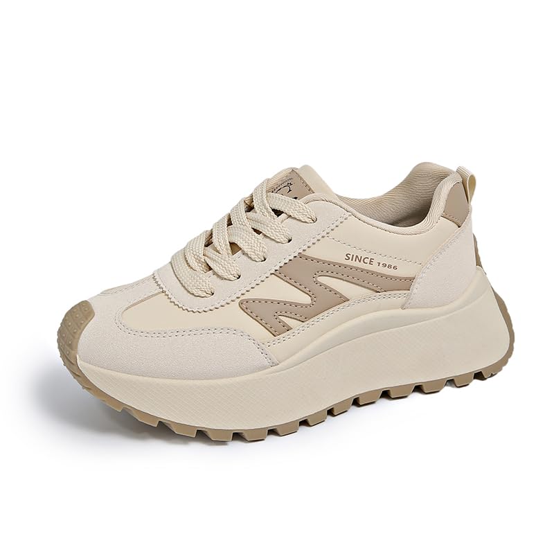 Women's Leather Thick-Soled Lightweight Non-Slip Casual Shoes Lace-Up Sneakers Suitable for Walking and Running