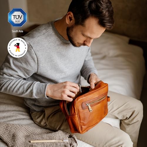 BERLINER BAGS Vintage Genuine Leather Toiletry Bag Paul, Large Capacity Cosmetics Bag for Men and Women for Travel - Brown (1 Compartment)3