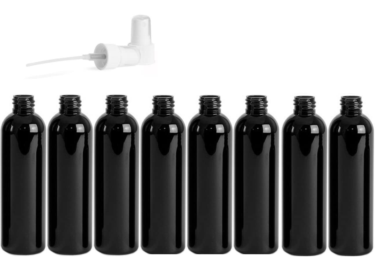 4 Ounce Cosmo Round Bottles, PET Plastic Empty Refillable BPA-Free, with White Ribbed Fine Mist Pump Spray Caps (8 count, Black)