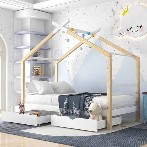 BXEYXE Cama infantil con cajones, madera maciza con somier, madera de pino, cama infantil y juvenil, color blanco y madera (90 x 200 cm)