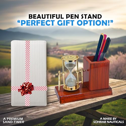 Image of Pen Holder | 2 Minute Brass Sand Timer | Natural Sand Color | Smiley Design | Hourglass with Pen Holder | Wooden Base | 11x8x15cm | Pen Stand Hourglass for Gifts (Pack of 1).
