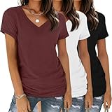 YGOODM Tshirt Damen Sommer Kurzarm V-Ausschnitt T-Shirt 3er Pack Basic Casual Oberteile Shirts Bluse