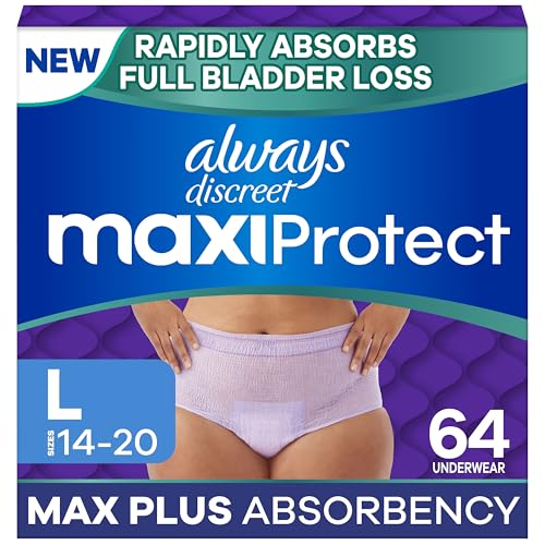 Always Discreet MaxiProtect Adult Diapers for Women Incontinence Underwear Scented Postpartum Essentials Bladder Leak Protection Disposable Briefs Maximum Plus Absorbency Size L 64 Count