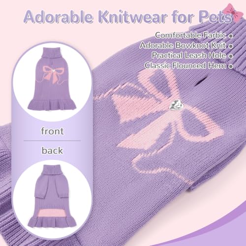 Image of YUDODO Bowknot Dog Sweater Dress for Small Dogs Girl, Stretchy Pet Clothes | Fall Winter Warm Pet Sweater, With Leash Hole, Cute Bowknot, Stretchy, Turtleneck, For Yorkies Chihuahua, Purple, S