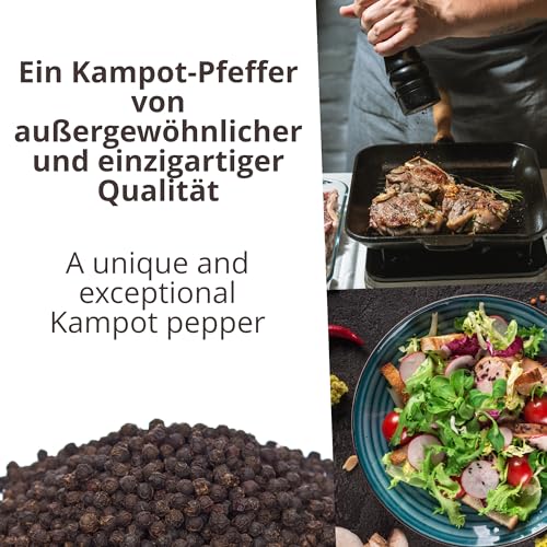 Khla - Kampot Pfeffer Schwarz Bio 120g - Schwarzer Pfefferkörner Ganz Biologisch - Grand Cru - Zutat Küchen - Direkt vom Erzeuger - Schwarze Körner Ganze für Mühle - Aus Kambodscha