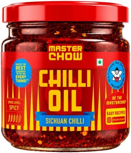 MasterChow Sichuan Chilli Oil (170g) | Spicy, Crunchy, Garlicky Flavor | Made with Sichuan Peppercorns, Crunchy Garlic & Red Chillies | Gluten-Free | Eat With Momos, Pizza, Noodles