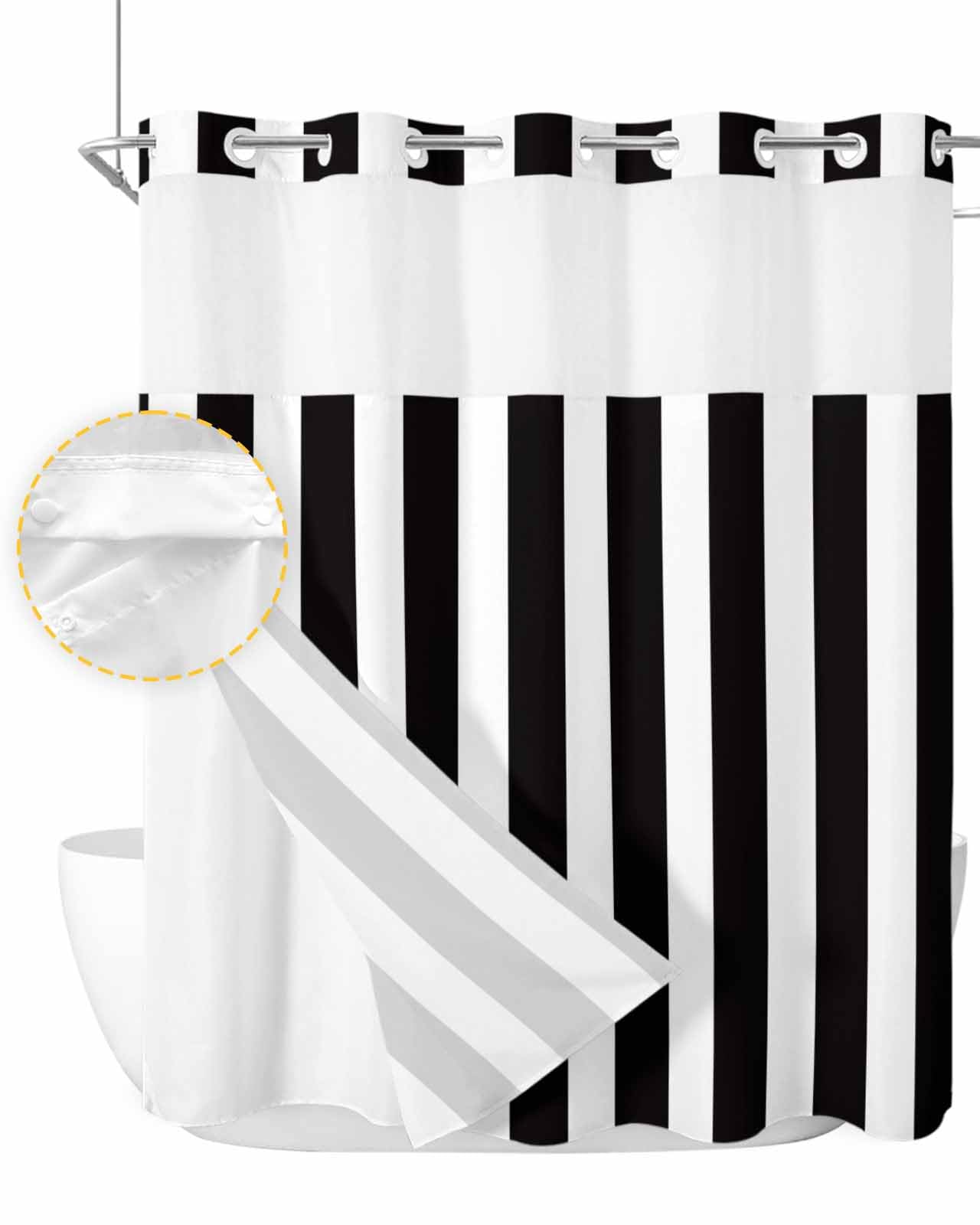 EwdeWwo No Hook Striped Shower Curtain with Snap in Liner, Black and White Shower Curtain for Bathroom Waterproof Vertical Stripe Bath Curtain with See Through Mesh Top Window, 72