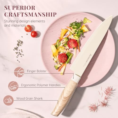 Astercook Knife Set, 6-Piece Kitchen Knife Set with Block, High Carbon Stainless Steel Ultra Sharp Kitchen Knives, Wood Grain Handle, Dishwasher Safe Knife Block Set, Pink, Kitchen Utility Knives - Image 4