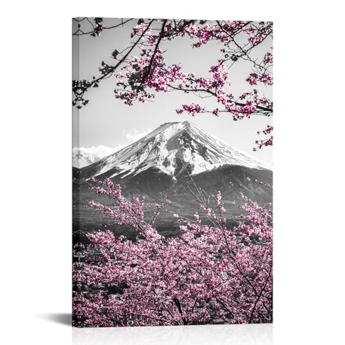 AoArtWZ Mount Fuji Canvas Wall Art Black and Pink Cherry Blossom Japanese Pictures Print Artwork for Home Office Bedroom Decor Framed 24" x 36"