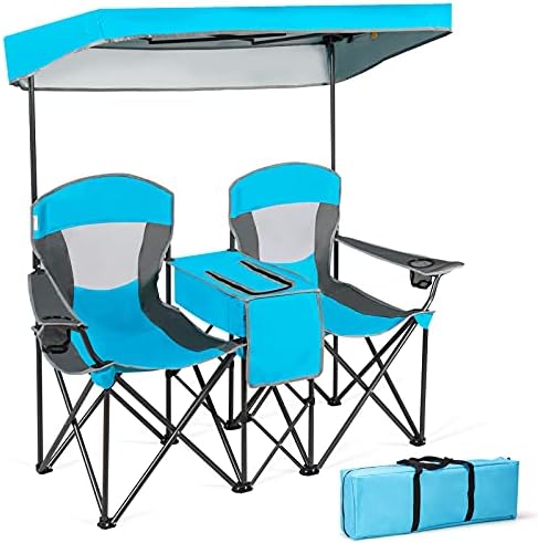 GYMAX Folding Canopy Camp Chair, Sports Chair with Adjustable UV Protection Shade, Cup Holder & Carry Bag, Portable Beach Camping Chair for Picnic, Fishing, Hiking (Blue, 2-Person)