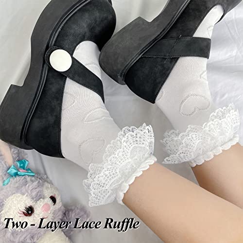 Bivolu Womens Crew Socks Lace Ruffle Frilly Cotton Cute Princess Dress Socks White Black Two Layers Lace Ankle Socks For Women Girls 6 Pack Size 5-9 #TOP2
