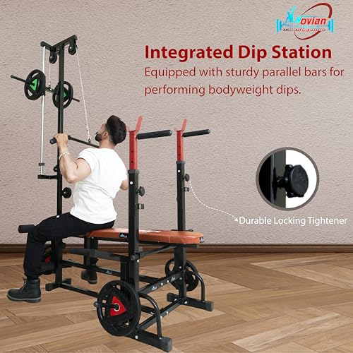 Image of 20 in 1 Home Gym Bench set, Adjustable Workout Gym Bench with Pull-Up Bar | Incline, Decline & Flat Adjustable Bench with Leather Seat, Hand Gripper & Fitness Accessories | 250KG Capacity | Black, Brown & Red