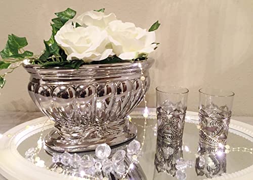 Dekoschalen Keramikschale Dekovase Vase Hochzeitsdeko Übertöpfe Silber Blumenvase Pflanzgefäße Tisch-Deko Silber Blumenschale Vasen Silberschale Blumengefäß Nostalgie Dekoschale mit Fuß