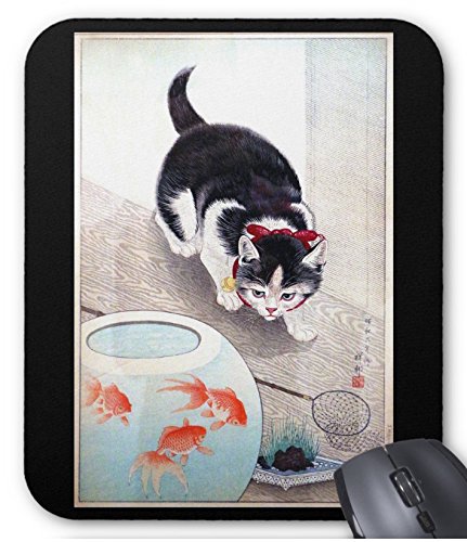 金魚鉢に猫 その1 小原古邨 手ぬぐい 木版画　浮世絵 小原古邨（祥邨）｢金魚鉢に猫｣ | 山田書店美術部オンラインストア