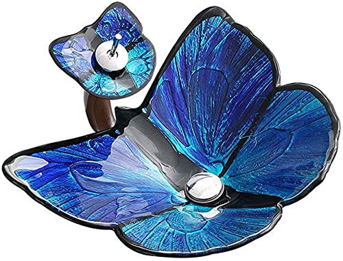 TSTSM Pastoral style glass above counter basin hotel bathroom basin butterfly-shaped personalized wash basin-Blue