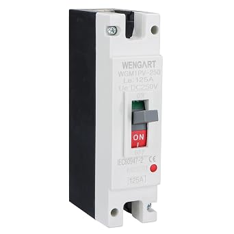 Wengart 125A 250V DC MCCB Breaker 1-Pole for Golf Cart & Battery Storage | Heavy-duty 125A 250VDC 1P breaker with 10kA arc chutes for golf carts, battery banks, and M8 terminal wiring.