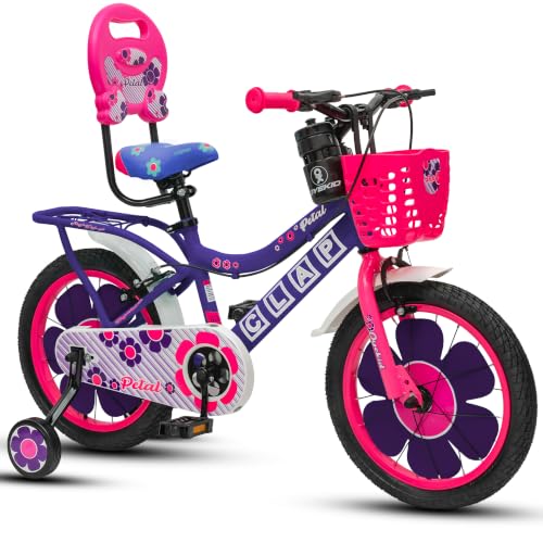 Image of Petal 16T Kids Bicycle with Training Wheels | Backrest, Basket & Full Chain Cover | Ideal for Girls Aged 5-7 Years (Purple-Pink, 16T)