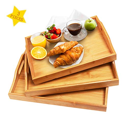 Serving Tray with Handles - Wood Bamboo Trays for Food Breakfast Dinner Party,Tea