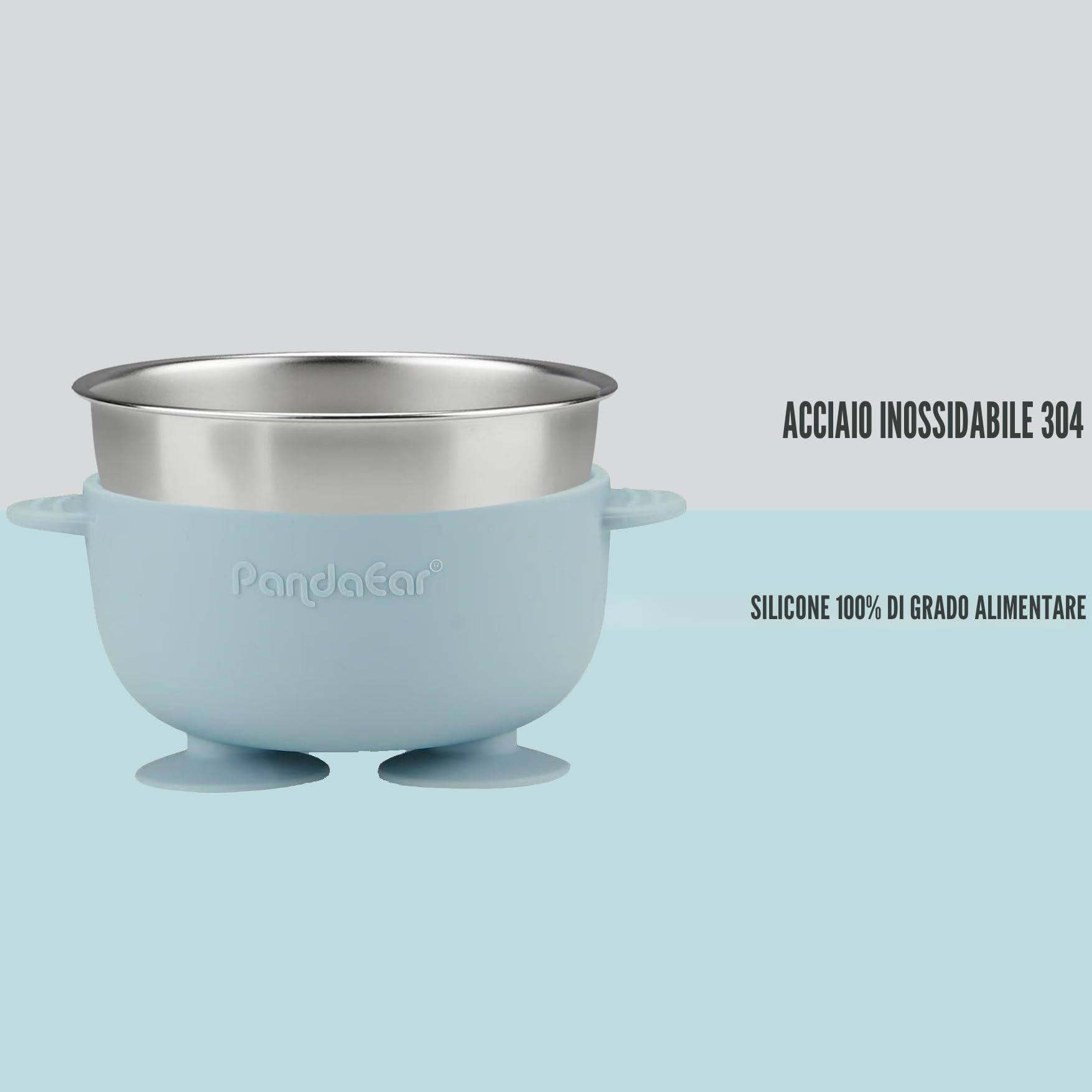 PandaEar Set da 3 Ciotole per Bambini in Acciaio Inox con Ventosa, Ciotola Antiscivolo con Rivestimento in Silicone per Neonati, Bambini e Toddlini, Infrangibile e Senza Disordine (Blu)