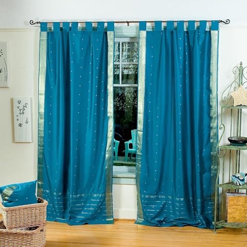 Indian Selections Turquoise Tab Top Sheer Sari Curtain/Drape/Panel - 43W x 84L - Piece