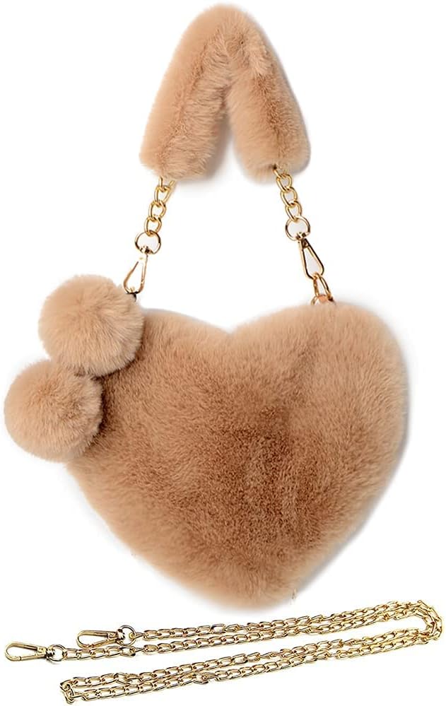 P. N. STOREWomen Girls Faux Fur Heart Shaped Handbag Plush Shoulder Bag Clutch Purse with Metal Chain Strap