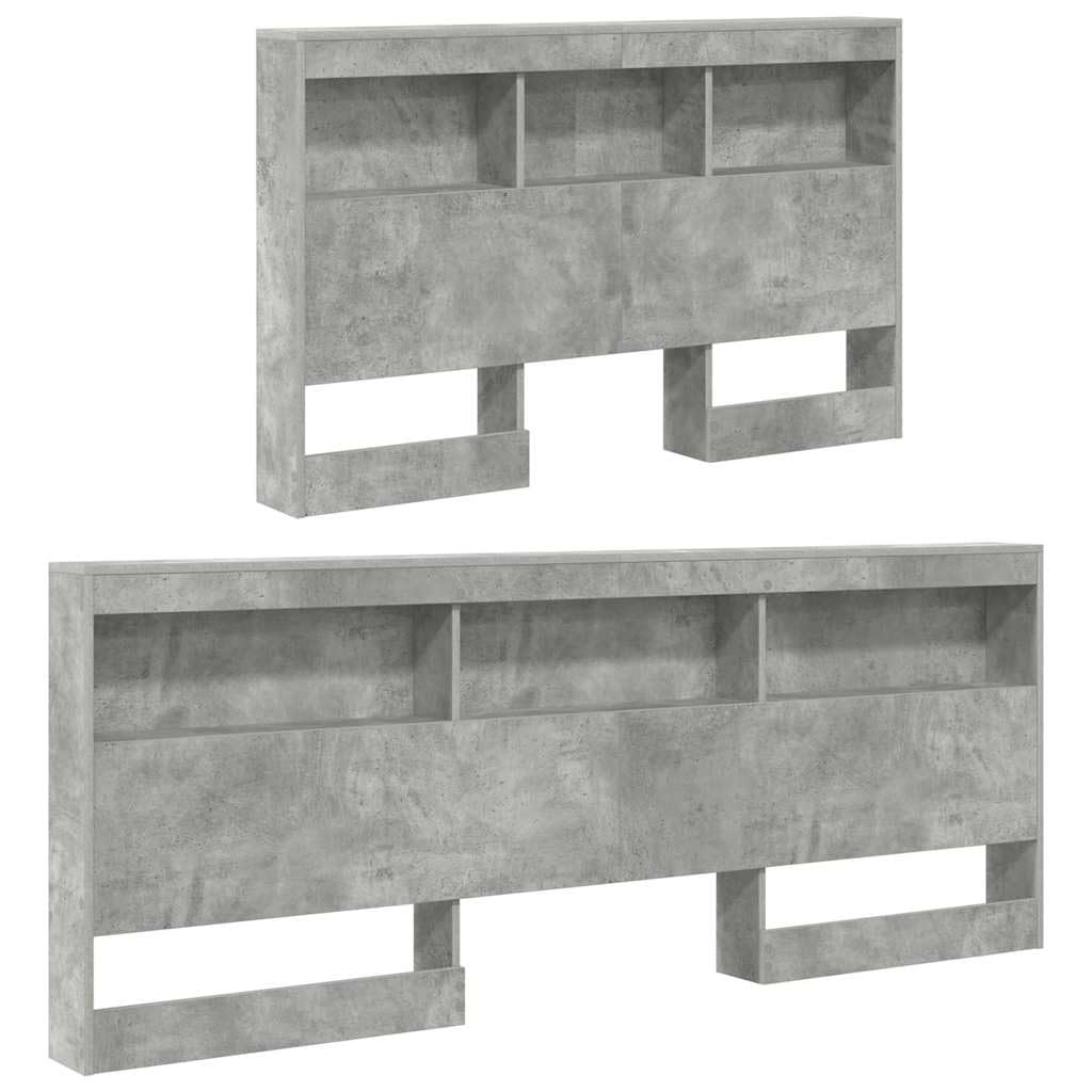 Zagłówek do przechowywania, betonowy, szary, z materiału drewnopochodnego ze stalową ramą 207,5 x 137,5 x 76,5 cm, do sypialni, miejsce do przechowywania i zintegrowana stacja ładująca