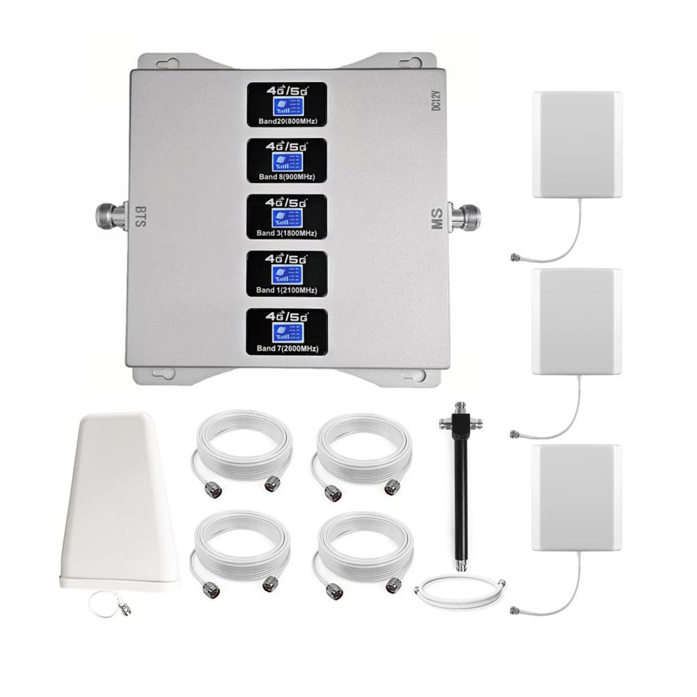 Amplificateur 4G Amplificateur Reseau Mobile 5 Bandes, 1 à 3 | Améliorez 2G/3G/4G/partie 5G, Trois Antennes D'intérieur