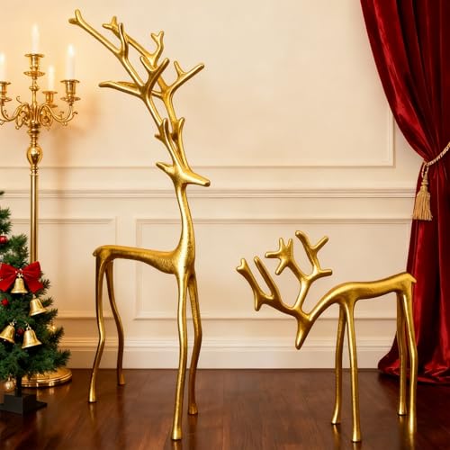 Juego de 2 estatuas de reno negras, elegantes figuras de reno navideñas, decoración navideña de reno, estatuas de reno, escultura de ciervo de imitación de metal, decoraciones navideñas para mesa