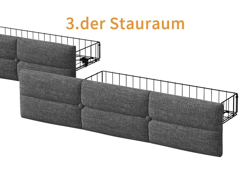 Julyue Polsterbett Schlafsofa 90x200 mit 2 Schubladen Stauraum, Jugendbett 90x200 mit LED-Beleuchtung und USB-Ladestation, Einzelbett mit Lattenrost aus Holz,Leinen Grau(ohne Matratze)