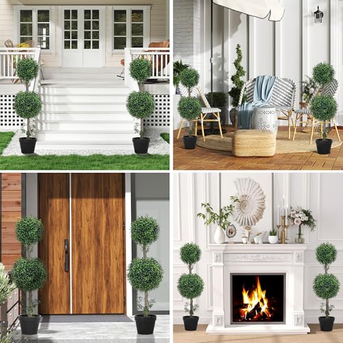 HOMCOM Artificial Plants Topiary Ball-Shaped Boxwood Trees in Pot Set of 2 Fake Plants for Home Indoor Outdoor Front Porch Decor, 36 Inch, Green - Image 3