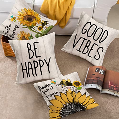 Royalours Home Sweet Home Farmhouse Pillow Covers Rustic Sunflower Throw Pillow Covers 20X20 Inch Set Of 4 Gnomes Bee Farm Pillow Case Cotton Linen Outdoor Yellow Floral Cushion Cover For Sofa #TOP2