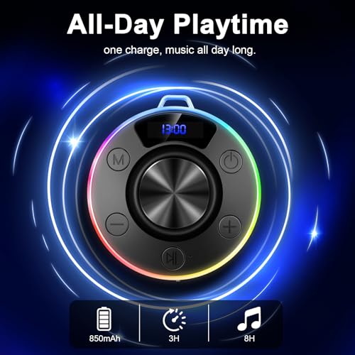 Image of Bluetooth Speaker, Shower Speaker Portable with Hook, IPX7 Waterproof Bluetooth Speakers with Suction Cup, Digital /Time Display, Crystal Sound, Small Wireless Speakers for Outdoor Bathroom Gifts,Black