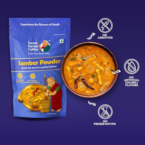 Image of Sweet Karam Coffee Sambar Powder (Podi) - 180 grams | No Onion or Garlic | Authentic Homemade South Indian Masala | 100% Natural & Organic Ingredients | Aromatic, Healthy & Flavorful Spice Blend