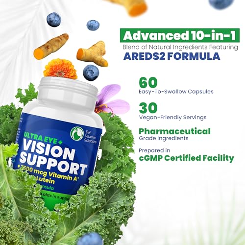DR VITAMIN SOLUTIONS Vision Support Eye Vitamins for Macular Health | Supplements with Lutein, Zinc, Vitamin A & Bilberry | Areds 2 Formula for Red & Dry Eyes, Sight Care (1 Bottle, 60 Capsules)