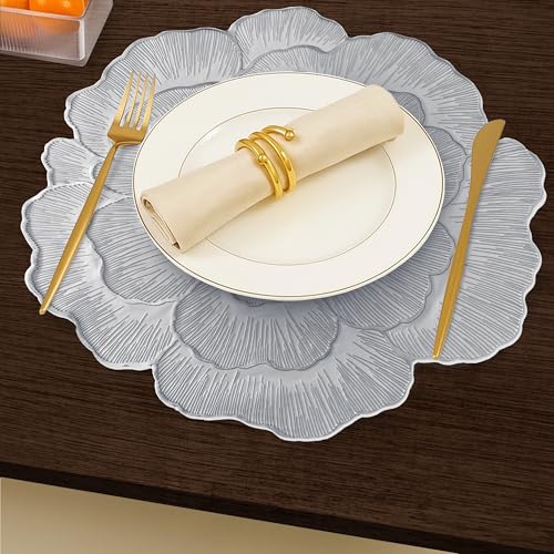 Image of Yellow Weaves 1 Pc PVC Round Table Placemat, Dining Table Mat, Stain Resistant, Anti-Skid, Waterproof, Washable, Dining, Kitchen, Restaurant Table Set Easy to Clean, Durable (Floral Silver)