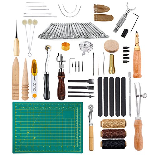 Caydo 69 Pieces Leather Tools Kit with Instructions, Matting Cut, Stitching Groover, Prong
