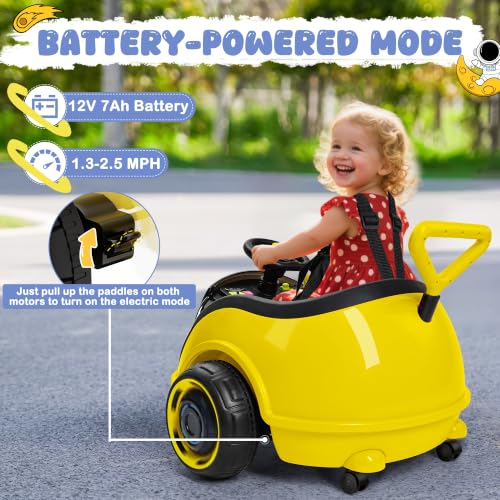 Image of ANPABO 3-in-1 Electric 12V Ride on Push Car for Kids 1.5-3, Yellow