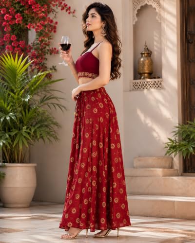 Image of TNQ Full Flared Cotton Palazzo Pants || Gold Print Printed Sharara Garara || Ethnic Or Casual Wear (IN, Alpha, 2XL, Maroon.Gold)
