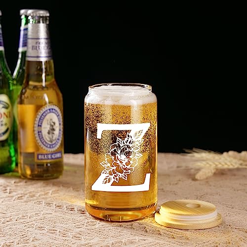Image of Coolife Initial Glass Cup, Monogrammed Gifts for Women, 16 oz Tumbler w /Lid | Iced Coffee Smoothie Beer Tumbler w /Straw Lid - Personalized Christmas, Birthday Gifts for Woman Her Mom Friend