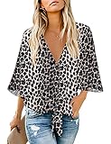 luvamia Women's V Neck Tops Ruffle 3/4 Sleeve Tie Knot Blouses Button Down Shirts, Leopard Shirt...