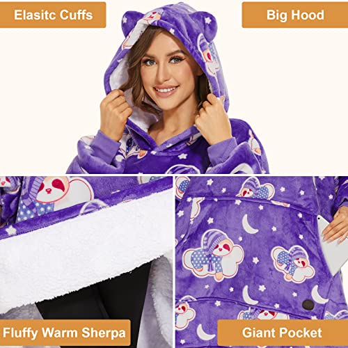 THREE POODLE Wearable Blanket Hoodie for Women, Oversized Sherpa Sweatshirt Blanket for Adults Men, Cozy Hooded Blankets, Glow in the Dark, Gifts for Teen Girls Women Mom Sister
